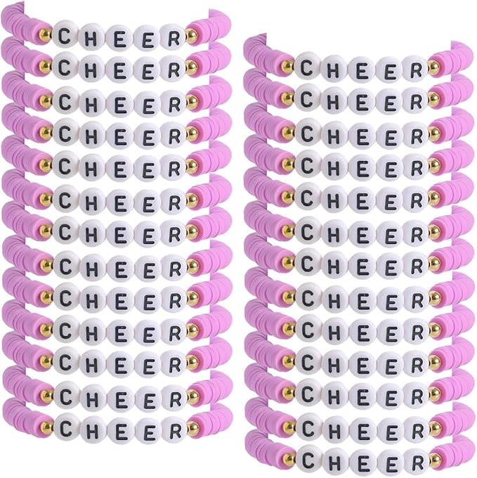 24 Pcs Cheerleader Gifts for Girls Handmade Friendship Bracelets for Teen Girls Stretch Cheer Bracelets Y2k Cheer Stuff Stackable Clay Bead Bracelets Bulk Teens Birthday Christmas Party Favors