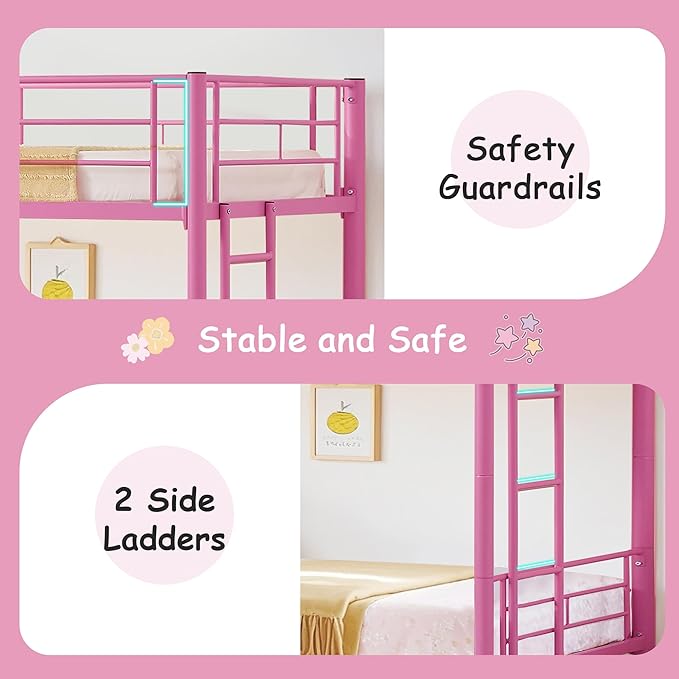 VECELO Twin Over Twin Bunk Bed with Trundle, Convertible Metal Bunkbeds with 2 Ladders and Guardrails, Space Saving, No Box Spring, Pink