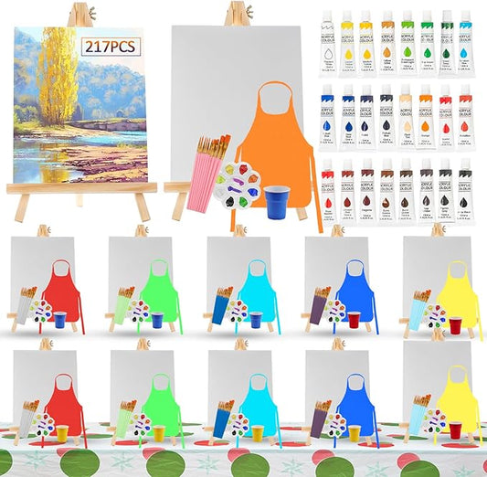 217 Pcs Art Painting Kit Supplies Set for Kids to Party - 120 Paint Brushes, 24 Acrylic Paints, 12 Wood Easels & Canvas Panels & Palettes & Aprons & Wash Pen Cup, 1 Plastic Tablecloth