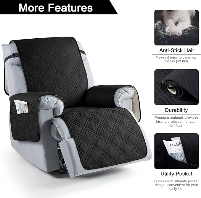 TAOCOCO 100% Waterproof Recliner Chair Cover, Non Slip Recliner Covers for Recliner Chair with Pocket, Washable Reclining Chair Cover Furniture Protector for Kids, Pets(Recliner Chair, Black)