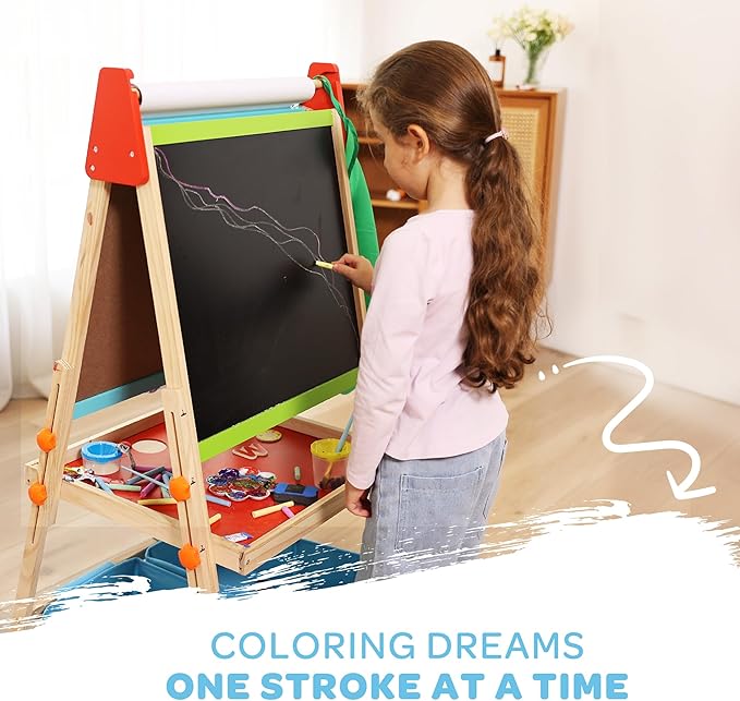 3 in 1 Adjustable Kids Art Drawing Easel Set-Sided Magnetic Whiteboard & Chalkboard with Painting Paper Roll - Versatile Art Station Gift for Toddlers, Kids and Childrens Ages 3+