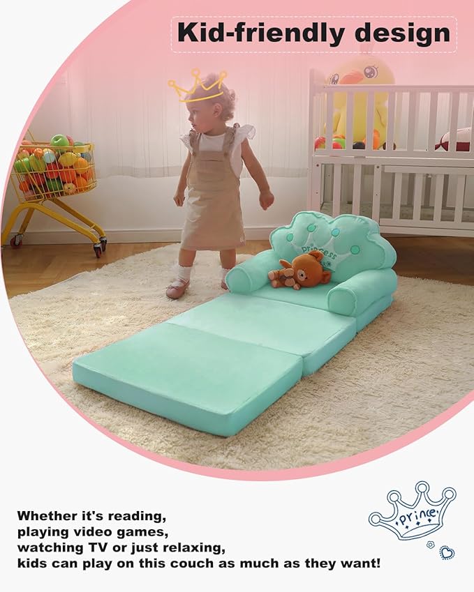 MOONBEEKI Kids Couch Fold Out, Foldable Princess Chair for Toddlers 1-3, Sofa Bed for Kids Folding Toddler Bed Lounger Chair for Bedroom, Toddler Couch Bed for Girl