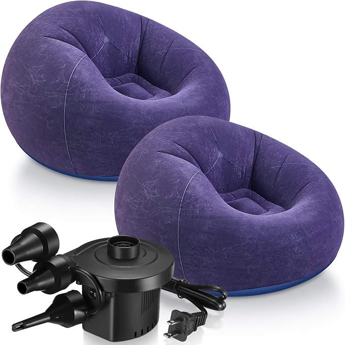 2 Pcs Bean Bag Chairs for Adults Kids Inflatable Chairs with Electric Air Pump Blow up Chair Inflatable Lazy Sofa Folding Portable Inflatable Chair for Living Room Bedroom(Blue)