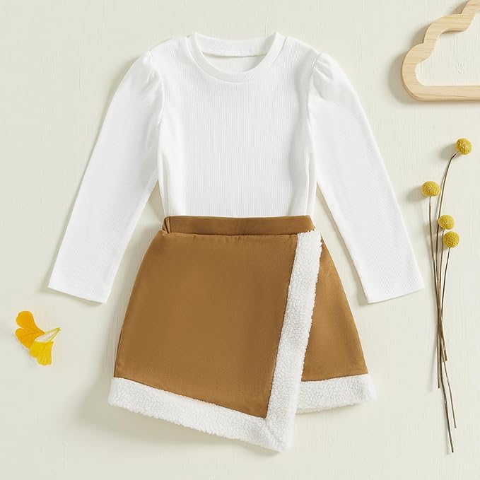 Fernvia Toddler Baby Girl Fall Winter Skirt Set Turtleneck Ribbed Long Sleeve T-Shirt Top & Plaid Skirts Dress 2Pcs Outfits