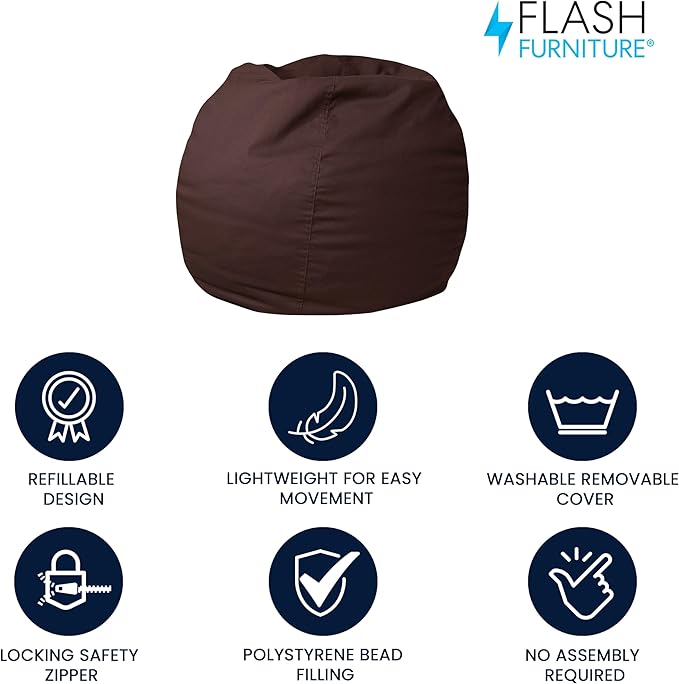 Flash Furniture Dillon Small Bean Bag Chair for Kids and Teens, Foam-Filled Beanbag Chair with Machine Washable Cover, Brown