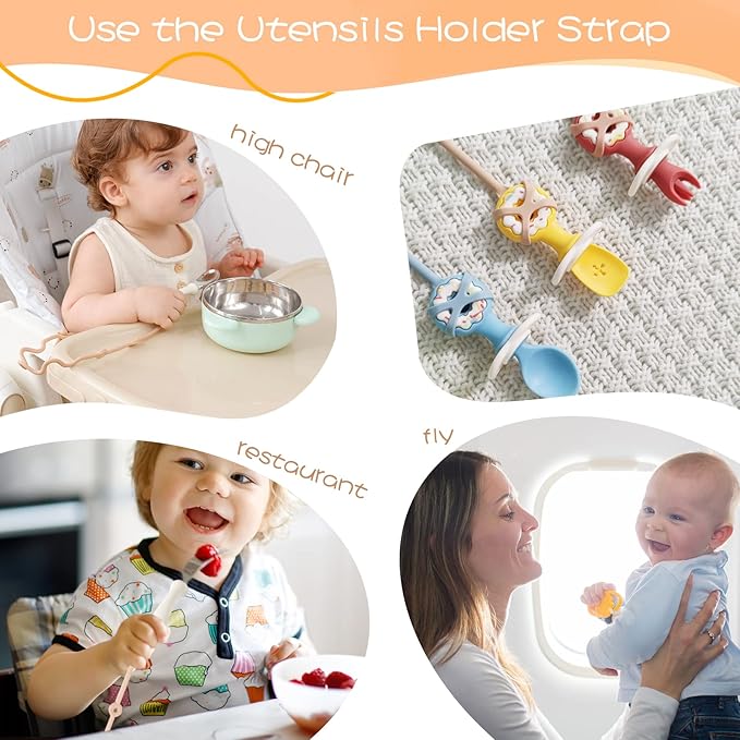Baby Spoons Self Feeding 6 Month,SMAutoLife Toddler Utensils Holder Strap Food Grade Silicone Keep Fork and Spoon Off The Floor Great for Kids,Hook On High Chair(Apricot)