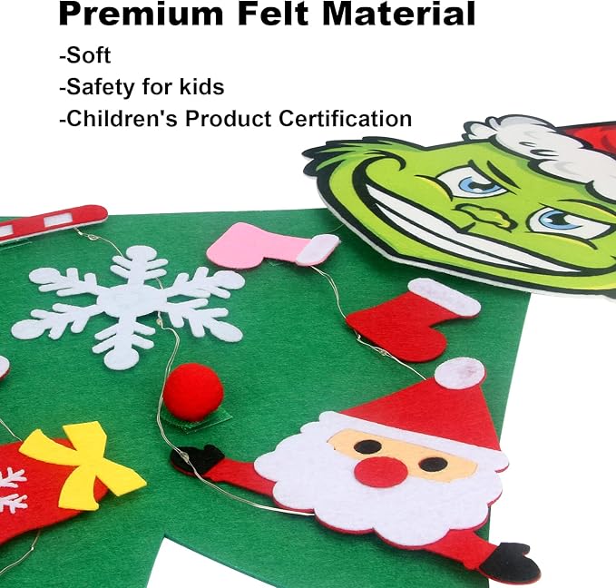 4.5ft Felt Christmas Tree for Toddlers with LED Light & 37pcs Ornaments, Velcro Montessori DIY Xmas Decorations - 4.5 Feet