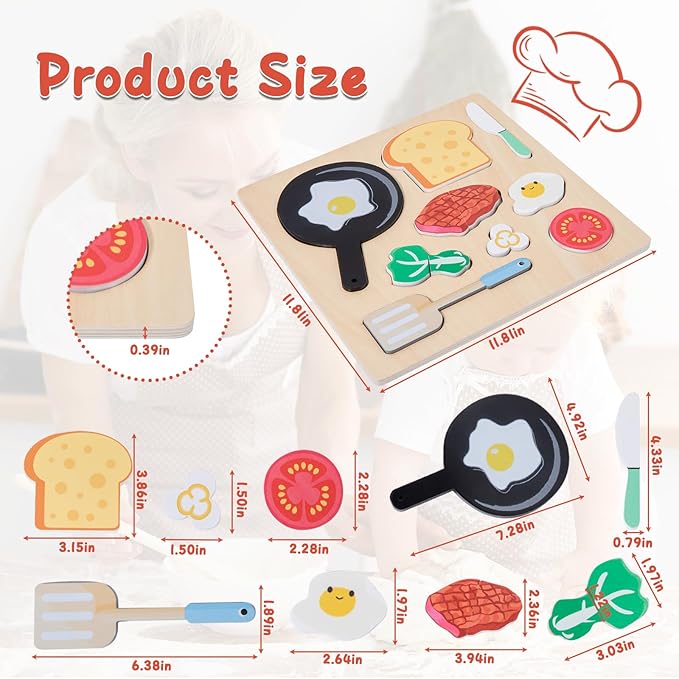 Adena Montessori Wooden Puzzles Play Fake Food for Kids Cookware Fried Egg Vegetables Set Kitchen Toys