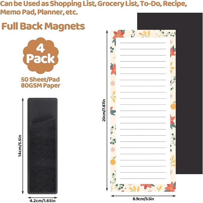 4 Pack Magnetic Note Pad for Fridge with Pen Holder, Totally 200 Sheets Magnetic To Do List, Shopping List, Grocery List, Memo Pads for Refrigerator（Flower Design）