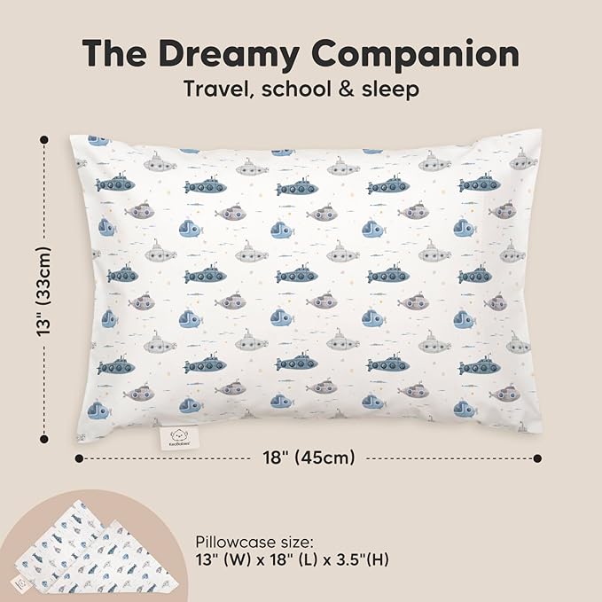Toddler Pillow with Pillowcase - 13x18 My Little Dreamy Pillow, Organic Cotton Toddler Pillows for Sleeping, Kids Pillow, Travel Pillows, Mini Pillow, Nursery Pillow, Toddler Bed Pillow (Submarines)