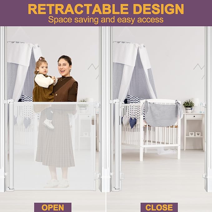 42" Tall X 60" Wide Retractable Dog Gate Extra Tall Baby Gates for Doorways Tall Pet Gate for Cats Adjustable Baby Gates for Dogs Indoor Outdoor Extra Tall Mesh Gates for Kids or Pets (White)