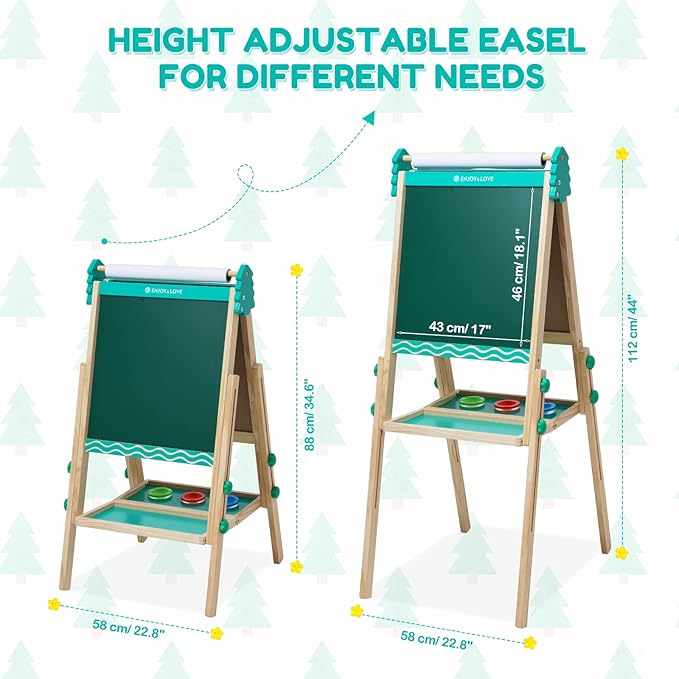 Kids Wooden Easel Foldable Double Sided Whiteboard Blackboard Children Art Easel with Storage, Height Adjustable Easel for Boys Girls Painting and Writing (with Gift Packs)