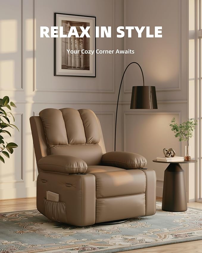 27'' Leather Recliner Chair Oversized, Overstuffed Manual Recliner Chair, Single Sofa for Adults, with Cup Holder and Side Pockets, for Living Rooms, Max Weight 400 lbs, Tan
