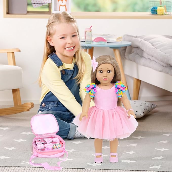 American 18 Inch Doll Clothes and Accessories Makeup Playset Fit 18 Inch Doll Including Fashion Skirt, Bag, Eye Shadow Plate, Lipstick, Comb Mirror, Pair of Hairpins, Makeup Brushes, Bracelet