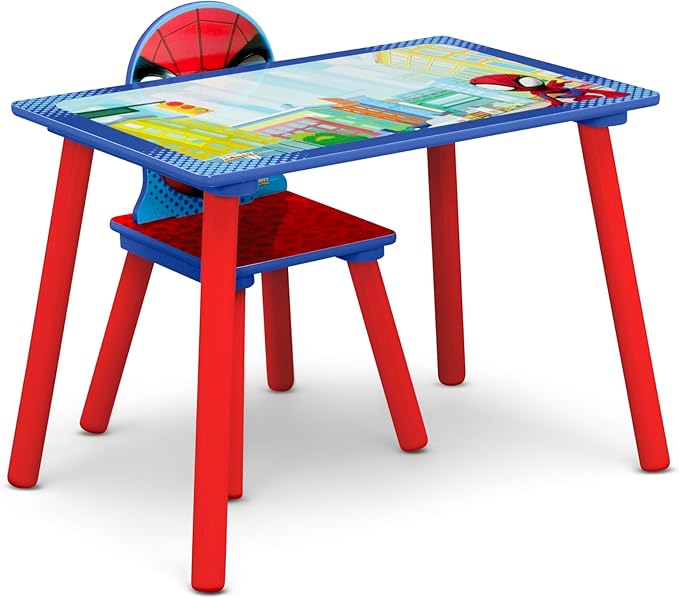 Delta Children - Marvel Spidey and His Amazing Friends 4-Piece Toddler Room-in-a-Box Set – Includes Sleep and Play Toddler Bed, Table, 1 Chair and Fabric Toy Box, Blue/Red