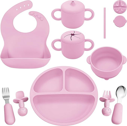 Silicone Baby Feeding Set, Baby Led Weaning Supplies, Eating Essentials Utensils with Suction Plate and Bowl, Pocket Bib, Sippy Cup with Lid, Forks Spoons Snack Container, for 6+ Months, Pink