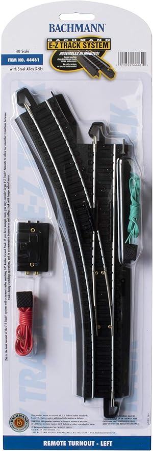 Bachmann Trains - Snap-Fit E-Z TRACK REMOTE TURNOUT - LEFT (1/card) - STEEL ALLOY Rail With Black Roadbed - HO Scale