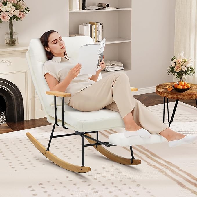 Rocking Chair with Footrest-Glider Rocker Chair with Retractable Footrest and Adjustable Backrest, Teddy Upholstered Rocking Chair Set of 2, Accent Chair for Living Room/Nursery/Bedroom/Outdoor-Beige