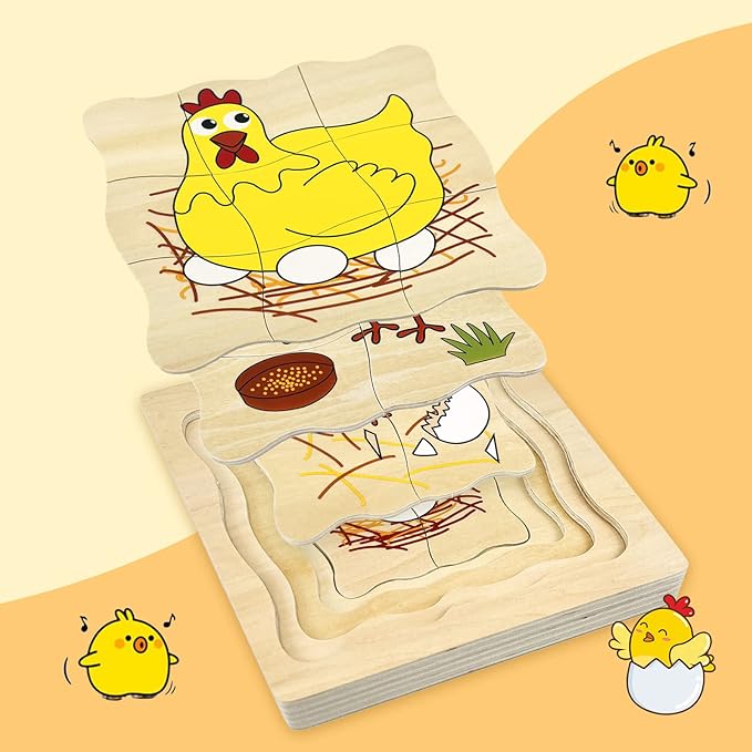 Montessori Wooden Puzzles for Kids Ages 4-8, 4 Layer Life Cycle Jigsaw Puzzle for Toddlers, Children Preschool Learning Educational Puzzles Toys for Boys and Girls (Chicken)