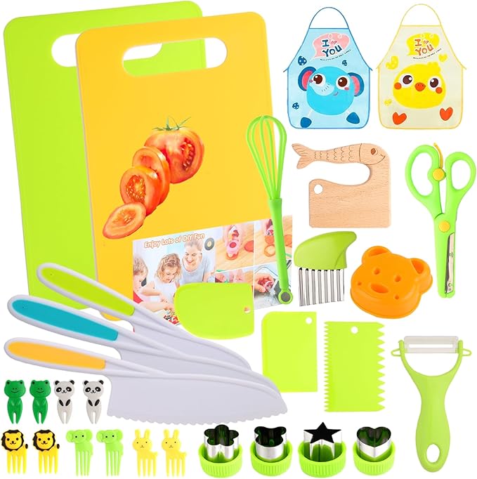 Kids Montessori Cooking Kitchen Toys and Toddler Knife Set - 30Pcs Kids Knifes for Real Cooking and Baking Accessories ,Toddlers Kitchen Tools Ages 3-10 Kids Birthday (30 PCS)