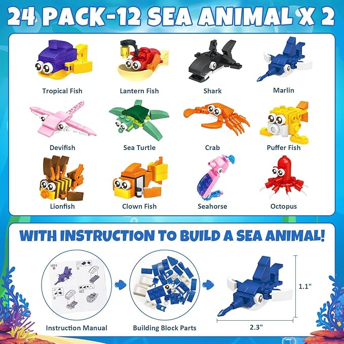 24 Pack Valentines Day Gifts for Kids 8-12, Sea Animal Building Blocks Kit with Gift Cards for Kids School Classroom, Class Valentine Party Favors Exchange for Boys Girls Stuffers Egg Fillers