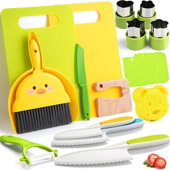 Kids Kitchen Tools,19 Pieces Kids Cooking Sets Real-Montessori Cooking Set for Toddlers Kids Chef Set with Children Safe Knives Cutting Set