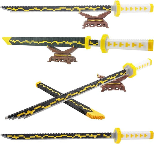 Anime Demon Slayer Sword Building Kit Set, 27.8in Cosplay Zenitsu Sword Building Blocks Toy Set with Scabbard and Stand, Samurai Katana Gift for Adults and Kids (1000+ Pieces)