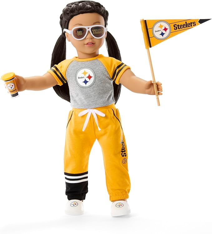 American Girl Pittsburgh Steelers 18 inch Doll Fan Outfit and Accessories, Black and Yellow, 6 pcs, Ages 6+