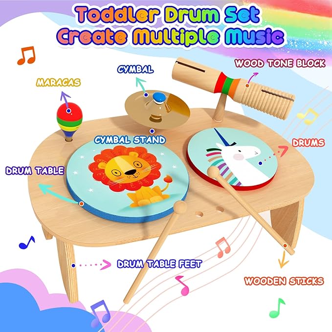 LOOIKOOS Kids Drum Set for Toddlers 1-3, All in One Montessori Musical Instruments -Wooden Percussion Educational Preschool Music Toys for Baby 12-18 Months
