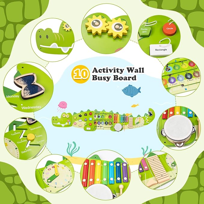 Weihnacht Crocodile Activity Wall Busy Board Panels,11-in-1 Montessori Sensory Toys, Toddler Learning Activity Center,Wooden Learning Toy Ideal Furniture for Playroom & Children's Daycare