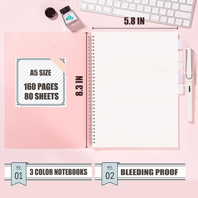 4 Pack Dot Notebook, 5.9 x 8.3 Inches Spiral Notebooks for Work, School and Journal with 110 GSM Journal Dotted Paper, Small Notebook with 80 Sheets/160 Pages, Hardcover Dot Journal Notebook