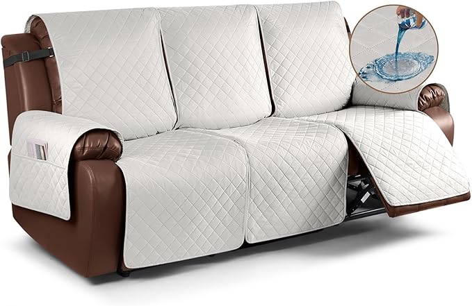 KinCam 100% Waterproof Recliner Sofa Covers, Non-Slip Reclining Couch Covers for 3 Seat, Recliner Couch Cover Furniture Protector with Elastic Straps for Pets, Kids, Beige White