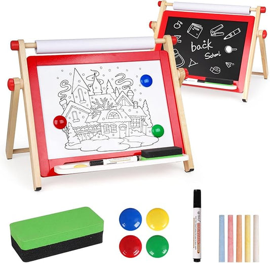 Kids Art Easel, Tabletop Easel for Kids,Wooden Double Sided Kids Easel with Magnetic Whiteboard,Chalkboard and Paper Roll,Great for Girls Boys Ages 3 4 5 Gift
