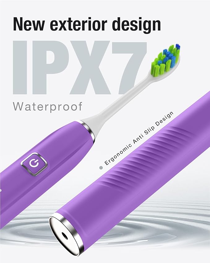 7AM2M Sonic Electric Toothbrush with 6 Brush Heads for Adults&Kids, One Charge for 120 Days, Wireless Fast Charge, 5 Modes, 40000VPM Powered Toothbrush (Purple)