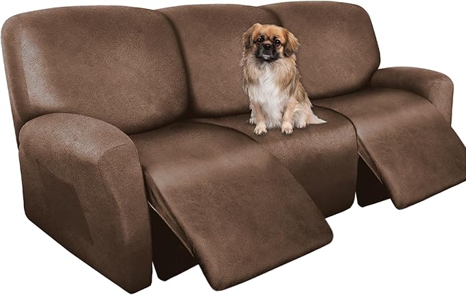 Recliner Couch Cover Leather Look Recliner Sofa Covers for 3 Cushion Reclining Sofa Slipcovers 8-Pieces Furniture Protector Spandex Fabric Washable (3 Seater, 01 Brown)