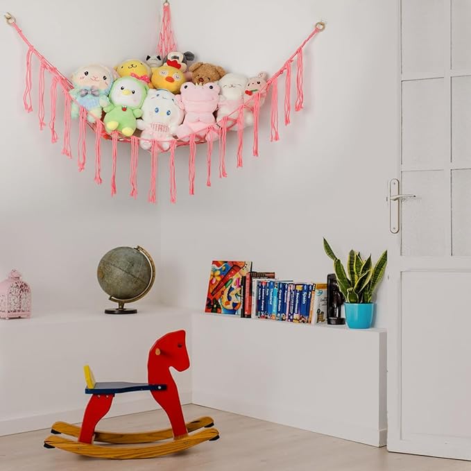 Boho Stuffed Animals Net or Hammock Large,55 inch Toy Hammock Macrame Stuff Animal Storage Corner Hanging Net Holder,Mesh Hammock Plush Toy Organizer with Hooks for Bedroom,Nursery (Pink)