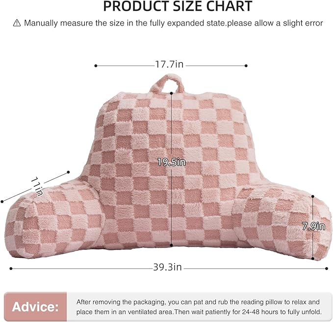 Aimuan Checkered Reading Pillow Bed Rest Wedge Backrest Checkerboard Pillow with Arms Back Support for Sitting Up in Bed Cushion Incline Rest Sleeping Snoring Pillow (Pink,Large)