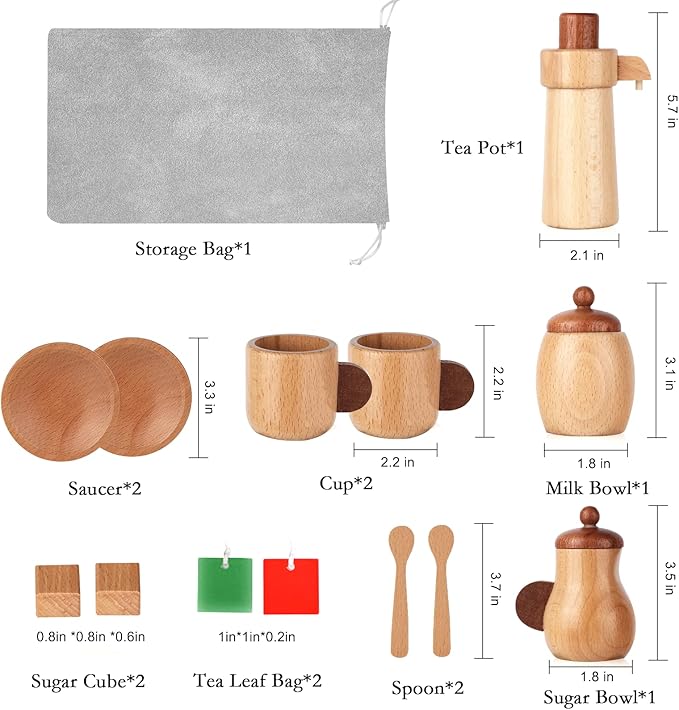 WHOHOLL Wooden Tea Set for Little Girls, Natural Wood Toys Tea Party Set, Kids Tea Set for Toddlers 1-3, Baby Play Tea Cup Set for Pretend Play, Play Kitchen Accessories with Storage Bag