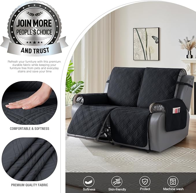 TAOCOCO 100% Waterproof Loveseat Recliner Cover, Non Slip Split Loveseat Covers for Reclining Loveseat with Elastic Straps, Washable Recliner Chair/Furniture Protector for Kids Pets(2 Seater, Black)