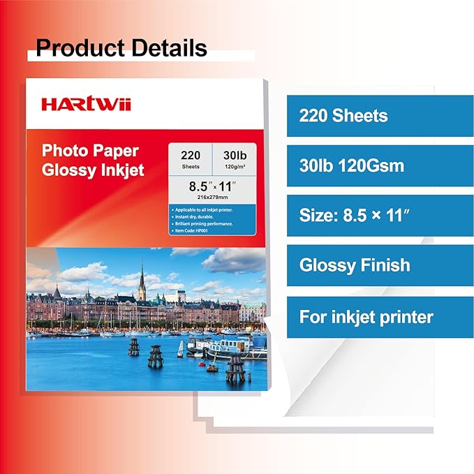 220 Sheets Inkjet Glossy Thin Paper 8.5x11 inch 30lb 120gsm A4 Letter Size For Brochure Printing, CustomChip Bag Party Favors,Single Side, Suitable for All Dye Ink HP001