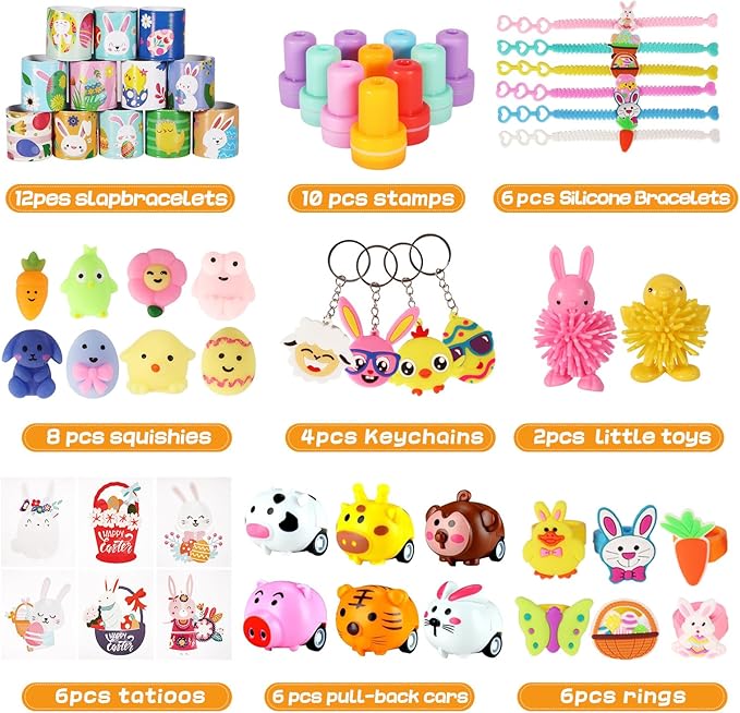 60 PCS Easter Egg Fillers, Easter Basket Stuffers with Slap Bracelets Rubber Wristbands Stickers Stampers Cars Ring Keychains Puffer Fidget Toys, Easter Party Favors, Classroom Prizes Gift Exchange
