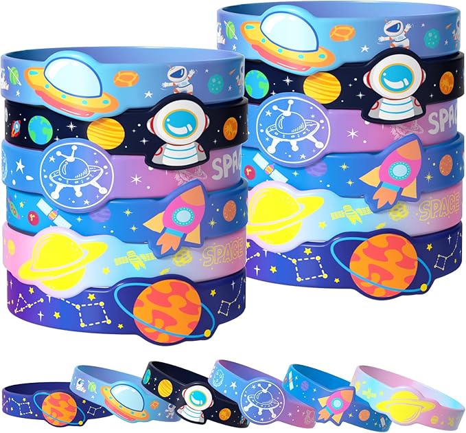 24 Outer Space Party Favors Birthday Supplies Galaxy Astronaut Silicone Bracelets Bulk Kids Boy Girl Toy Gift for Goodie Bag Stuffer Class Prize Christmas Easter Space Themed Party Favors