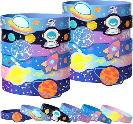 24 Outer Space Party Favors Birthday Supplies Galaxy Astronaut Silicone Bracelets Bulk Kids Boy Girl Toy Gift for Goodie Bag Stuffer Class Prize Christmas Easter Space Themed Party Favors