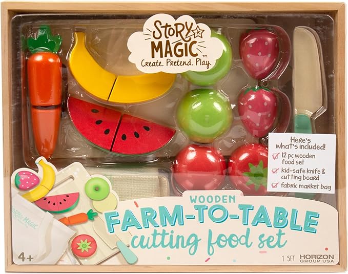 Story Magic Wooden Farm-to-Table Cutting Food Set, Wooden Play Food Toy, Kids Wood Cutting Fruits Vegetables, Toddler Cooking Pretend Play Kitchen Food Set