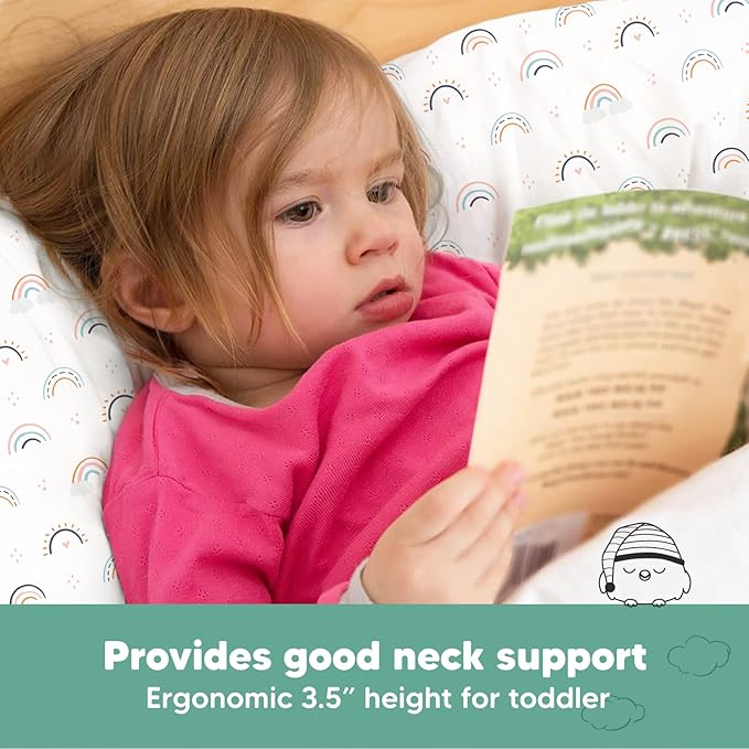 Toddler Pillow with Pillowcase - 13x18 My Little Dreamy Pillow, Organic Cotton Toddler Pillows for Sleeping, Kids Pillow, Travel Pillows,Mini Pillow,Nursery Pillow,Toddler Bed Pillow (Jolly Rainbow)