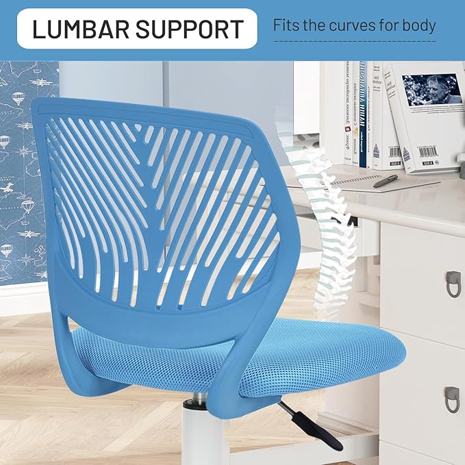 FurnitureR Desk Chair Armless Small, Mesh Comfy Home Office Chair with Plastic Low-Back, Adjustable Swivel Study Chair Computer Task Chair for Student Children Kids with Wheels, Blue