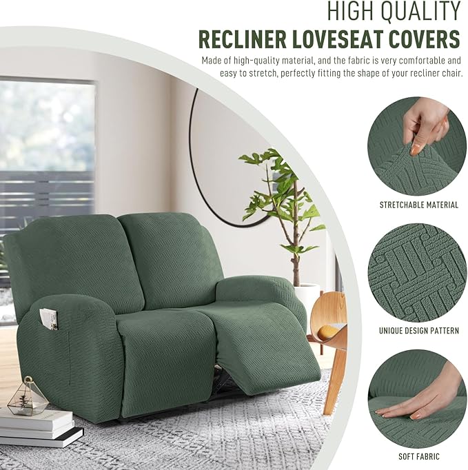 KinCam Recliner Covers, Stretch Reclining Chair Covers, Recliner Sofa Slipcovers Stripe Jacquard Recliner Couch Covers Furniture Protector Covers for Pet Kid (2 Seater, Greyish Green)