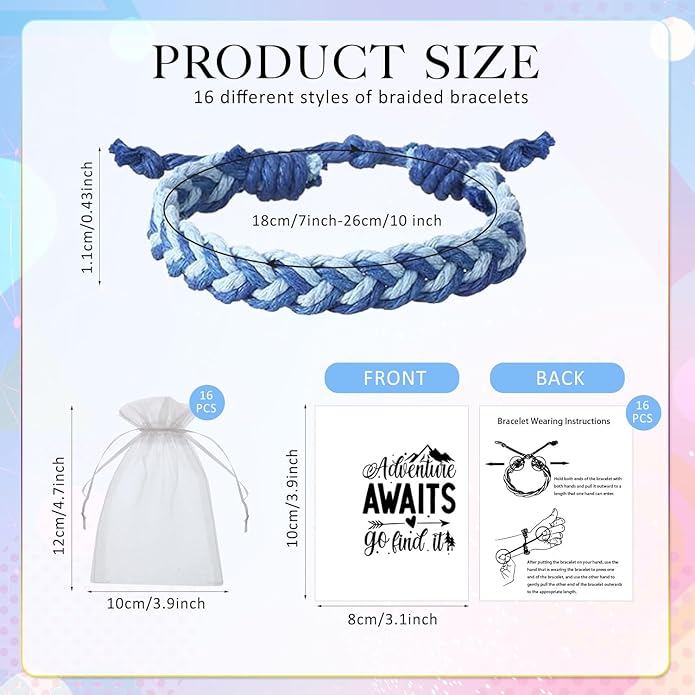 16 Set Friendship Bracelet Party Favors Braided Friendship Bracelets with Cards Adjustable Woven Friendship Bracelets Handmade Braided Bracelet for Teens Adults Camping Party Favors