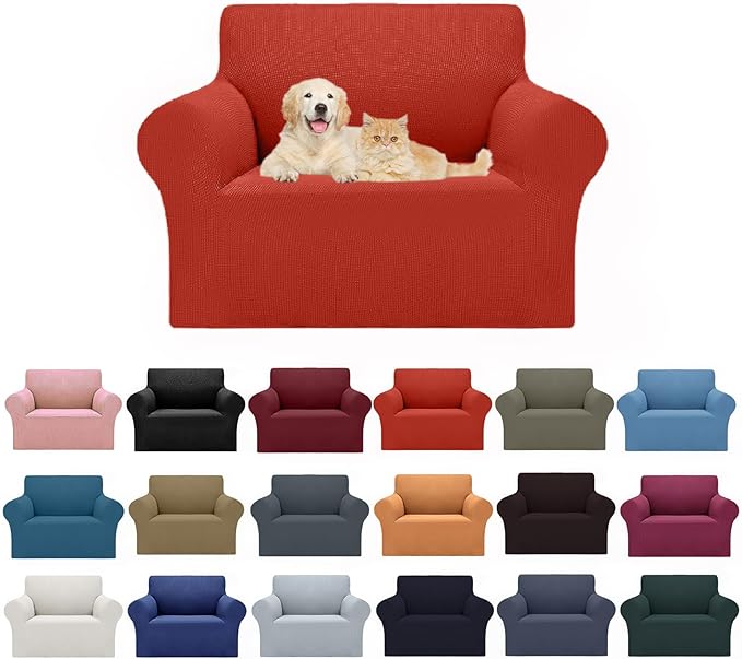 2025 New Stretch Chair Sofa Slipcovers Couch Cover for 1 Seater Furniture Protector Sofa Covers with Elastic Bottom Jacquard Fabric Small Checks for Pets, Kids - Pureed Pumpkin