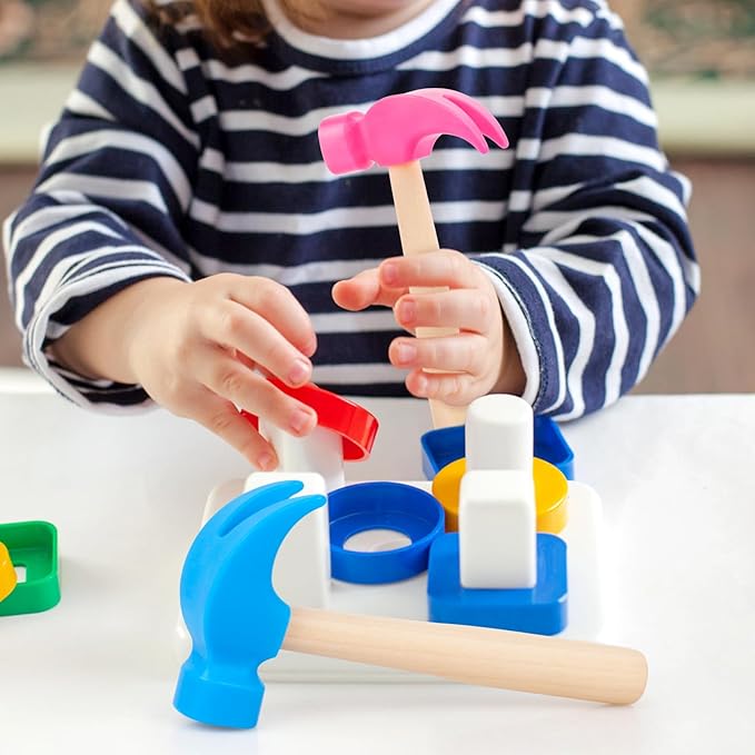 2 Pack Wooden Hammer Toys Simulation Hammers Maintenance Tools Educational Toys for Kids Birthday Party Games Supplies (Blue + Rose Red)